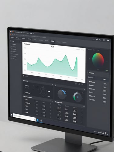 Close-up of a high-fidelity product dashboard rendered on a large monitor, interface showing data visualization charts and navigation components, clean studio lighting from the left, screen fills the frame edge-to-edge with no background clutter