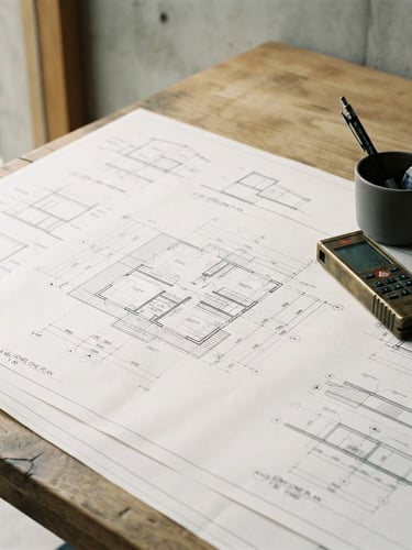 Close-up of clean architectural drawings on a wooden desk, a brass laser measure beside them, soft natural daylight, sharp focus, 35mm