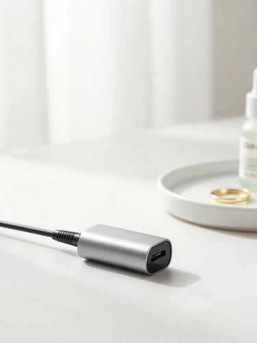 Bright high-key product photography of a minimalist workspace combining a sleek metallic computer adapter, a gold ring on a ceramic tray, and a delicate skincare bottle under soft window light.