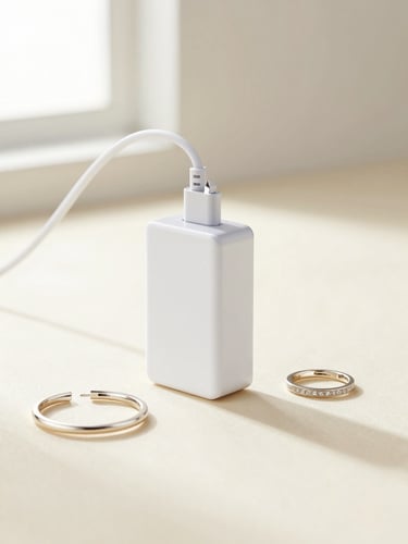 Bright high-key product photography of a minimalist computer adapter and premium jewelry on a warm cream surface, soft natural light, 50mm lens, vertical portrait framing