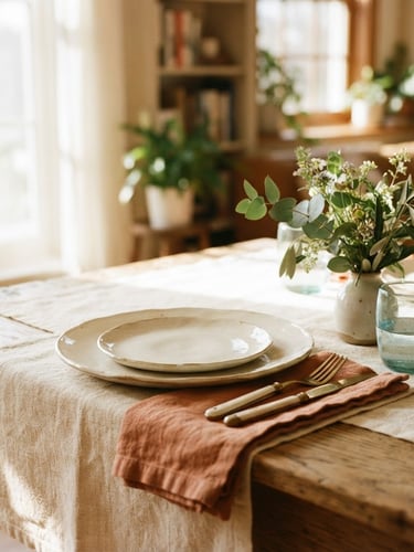 Warm editorial photography of a sunlit interior table setting with terracotta napkins, cream ceramic plates, and delicate green foliage, soft natural window light, shallow depth of field, 35mm