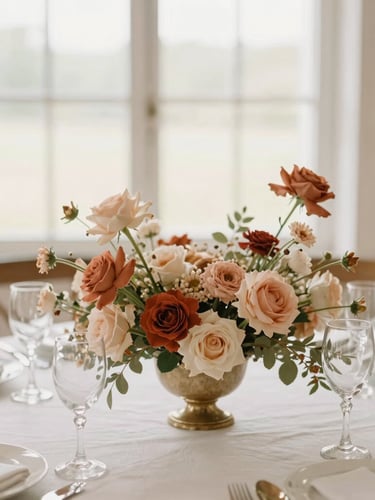 Close-up of elegant floral arrangement and table setting in a sunlit venue, terracotta and cream tones, shallow depth of field, subtle storybook inspiration.