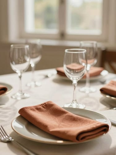 Elegant close-up of a sunlit table setting with terracotta napkins and delicate glassware, warm natural window light, cream and sage tones, shallow depth of field