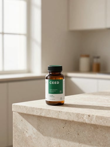Bright, high-key natural window light illuminating a single CEED Nutrition product bottle on an architectural stone plinth, with soft, elongated shadows. Minimalist, sun-drenched kitchen in the background. Wide, balanced environmental shot with plenty of negative space.
