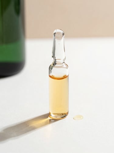Macro close-up of a clear glass tincture bottle with a few drops of amber liquid on a pristine white surface, casting soft elongated shadows under bright studio light.