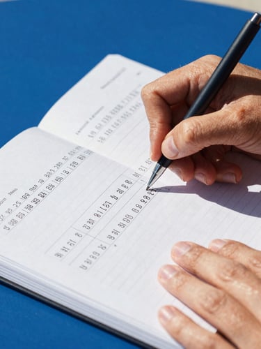 Close-up of hands writing a detailed business plan in a notebook, with financial figures and diagrams, under bright natural Florida sunlight, high-contrast, 35mm.