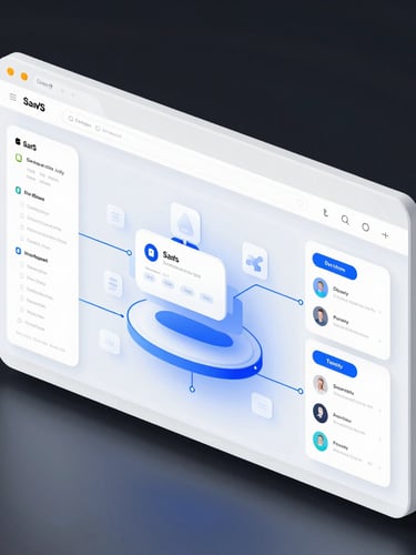 Isometric view of a high-fidelity SaaS dashboard mockup on a clean white browser frame, glowing blue connection lines, floating modular UI components, soft studio lighting.