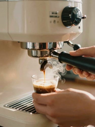 A close-up of a barista's hands pulling a clean espresso shot on a vintage lever machine, warm steam rising, golden morning light