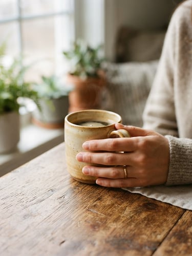 A close-up of a hand holding a warm ceramic mug on a natural wooden table, soft morning window light casting gentle shadows, warm 35mm film aesthetic