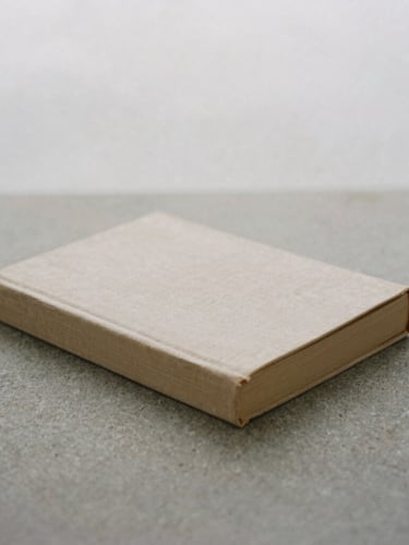 minimalist fine art photography of a closed linen-bound book resting on a flat stone surface, soft diffused overcast light, desaturated earth tones, quiet contemplative composition, 35mm film