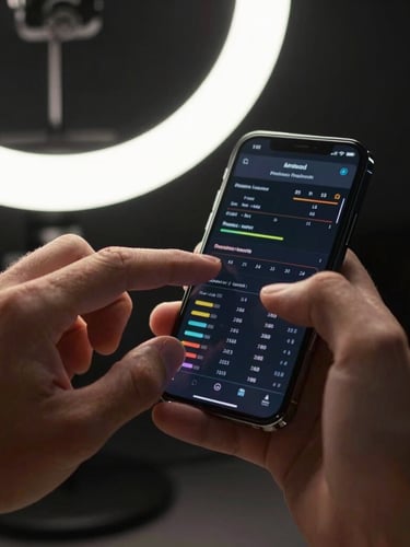 Close-up of a creator's hands editing high-performance metrics on a smartphone screen, subtle warm lighting from a ring light, dark background