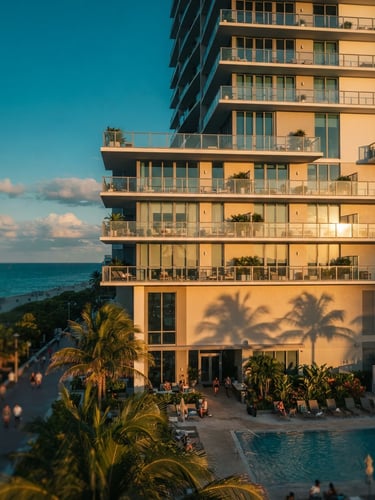 Golden hour sun-drenched modern Miami luxury condominium facade with clean lines and glass balconies, palm shadows.