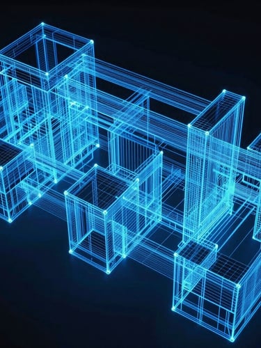 Macro technical shot of a complex 3D structural BIM model, glowing blue wireframe lines on a dark background, high-contrast digital overlay, sharp focus