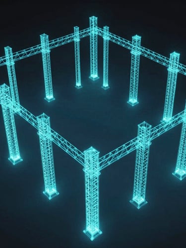 Overhead view of a 3D laser scan point cloud of an industrial warehouse, neon cyan wireframe lines tracing structural steel columns, dark slate background, cool screen-glow lighting, high-contrast, 35mm