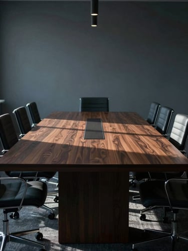 Wide environmental shot of an empty, high-end boardroom table, sharp shadows, cool low-key lighting.