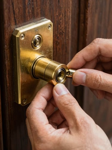 Macro shot of a technician hands installing a high-security brass lock cylinder into a dark wooden door, natural daylight, professional tools visible