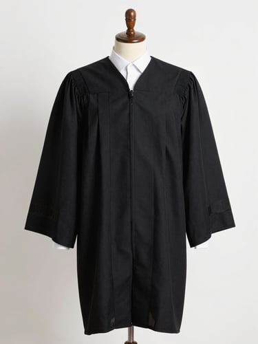 Studio daylight, full-body frontal view of an academic gown on a neutral mannequin, black regalia with visible hood and sleeve detail, clean white background, sharp fabric texture