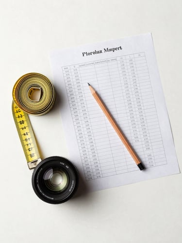 Overhead flat-lay on a warm white surface: a fabric measuring tape coiled beside a printed sizing spec sheet with columns of measurements, a pencil resting across the sheet, clean north-facing studio light, no hands, no faces