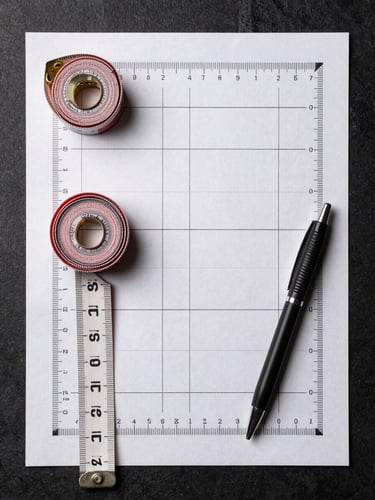 Overhead flat-lay of a printed measurement guide sheet with a tailor's tape measure coiled beside it, black ink on white paper, clean overhead studio light, ruler and pen included for scale