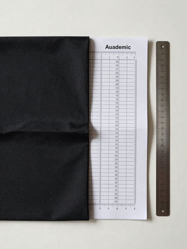Overhead flat-lay on a clean off-white surface: an open academic sizing chart with precise measurement annotations, a fabric swatch of black graduation gown material, and a steel ruler aligned to the edge — studio north-facing light, sharp shadows, no hands visible