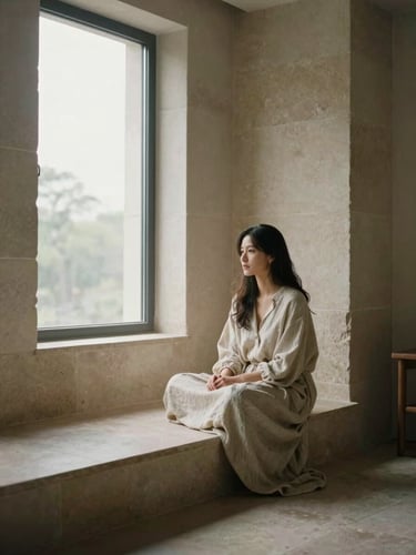 Wide calm interior room, a woman seated in stillness near a low window, soft diffused morning light, her face in quiet focused presence, warm stone and linen tones, unposed and undirected