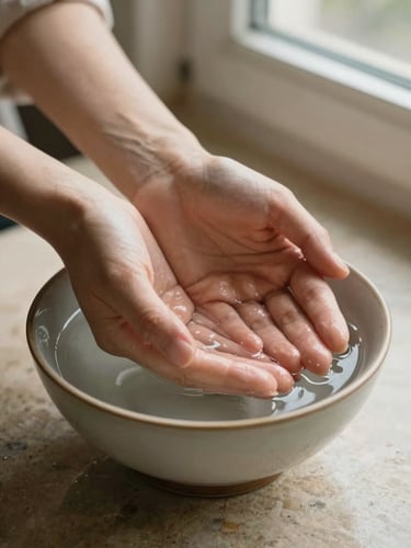 Close-up of a woman's hands cupped around still water in a ceramic bowl, soft north-facing window light, warm stone surface beneath, skin texture visible, calm and unposed