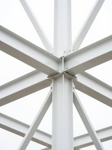 Extreme close-up of structural joints and steel truss connections, clean white studio lighting, sharp technical focus.