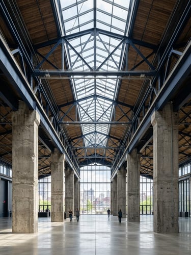 Wide environmental shot of exposed concrete columns and steel trusses under bright natural daylight, sharp focus, architectural photography