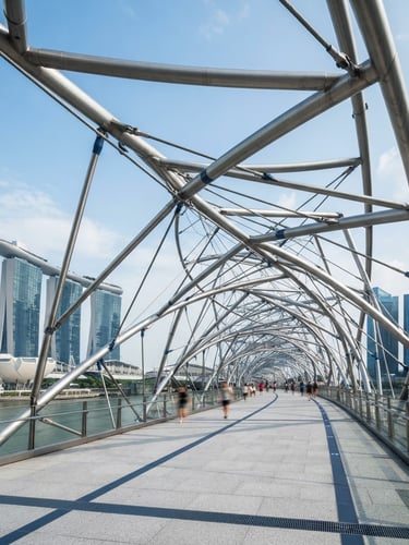 Wide-angle architectural photograph of a modern Singapore steel truss structure under bright natural daylight, clean desaturated tones with navy accents, sharp focus.