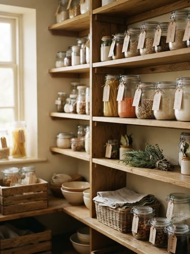 Warm editorial photography, soft natural window light, muted cream and oak tones, shallow depth of field, 35mm, a beautifully organized pantry with glass jars and wooden shelves, labels visible, a few sprigs of dried herbs, realistic and lived-in, expansive view of the pantry interior.