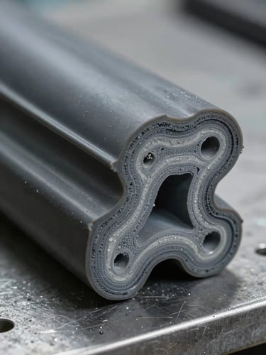 Extreme close-up of a freshly cured rubber cross-section on a steel workbench, internal compound layers visible, cool studio strobe lighting, metallic gray surface, sharp material texture