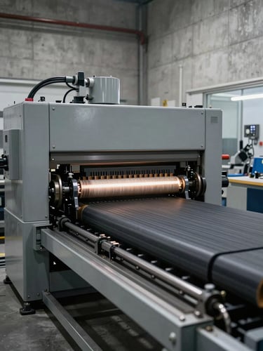 Wide environmental shot of an industrial production floor, rubber molding machinery under load, concrete walls, metallic gray equipment, cool strobe lighting, no workers visible, stark and precise