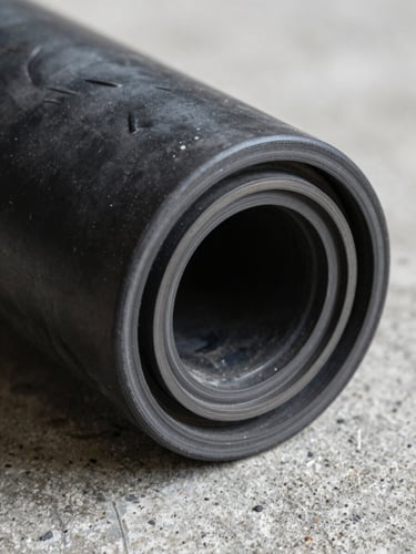 Extreme close-up of a cured industrial rubber seal cross-section on a concrete surface, cool north-facing studio light revealing compound texture and tool marks, metallic gray tones with black depth