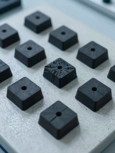 Overhead laboratory shot of rubber compression test specimens arranged in a grid on a concrete surface, cool north-facing daylight, tool marks and material deformation visible, no people