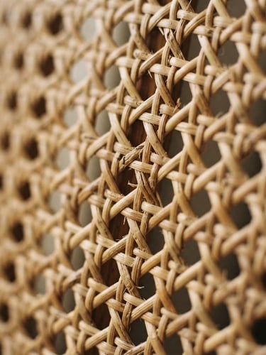 Macro close-up shot of raw hand-woven rattan texture, soft morning window light casting gentle shadows, warm organic earthy tones, shallow depth of field, 35mm