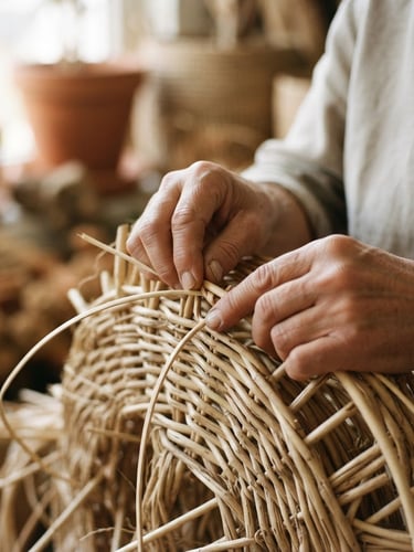 Macro close-up of skilled hands weaving natural rattan fibers under soft morning window light, warm terracotta tones, shallow depth of field, 35mm photography