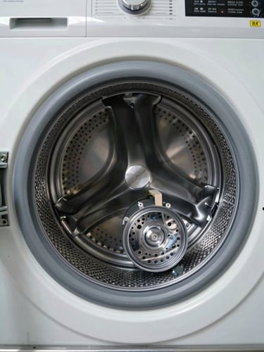 Close-up overhead shot of a disassembled washing machine drum and motor components laid out on a steel workshop bench, bright even lighting, no shadows, technical documentation framing