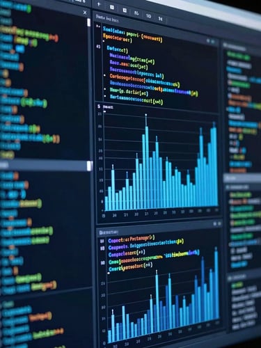 Macro shot of a high-density analytics screen showing complex code and glowing electric blue data charts, cool-toned lighting, sharp focus on the digital interface.