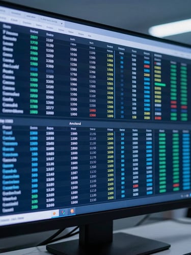 Macro shot of a high-density data dashboard displaying complex e-commerce transaction metrics, cool-toned blue studio lighting, sharp white highlights, minimalist workspace environment.