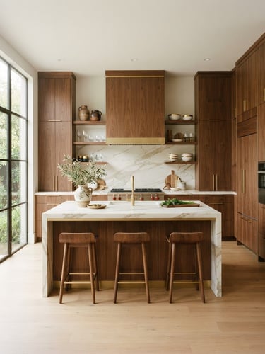 Straight-on architectural shot of a luxury modern kitchen with walnut wood cabinetry, gold accents, soft natural window light, 35mm