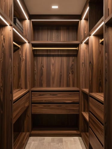Straight-on architectural shot of a luxury walk-in closet with warm integrated LED lighting, rich dark wood textures, neat wardrobe organization, high-end residential feel