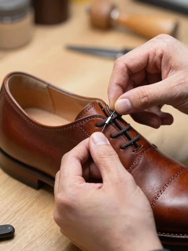 Close-up of hands stitching leather on a classic shoe in a workshop, warm natural light, rich leather tones, authentic craft