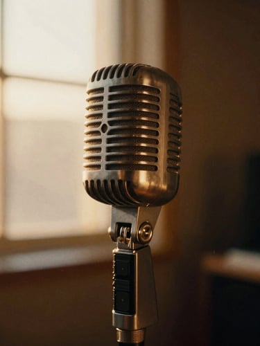 Portrait shot of a vintage ribbon microphone in a dimly lit studio, warm golden-hour light catching the metallic grille, soft studio glow, shallow depth of field, 35mm film grain