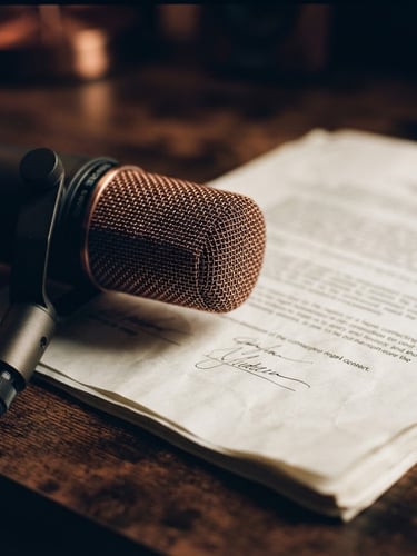 Close-up of a legal contract on heavy paper, partially obscured by a high-quality studio microphone, moody directional studio lighting, deep shadows, warm copper tones, shallow depth of field, 35mm