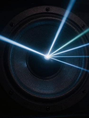 Extreme close-up of a custom-tuned subwoofer cone vibrating, dark atmospheric club photography, sharp neon laser beams cutting through heavy haze, deep shadows, 35mm