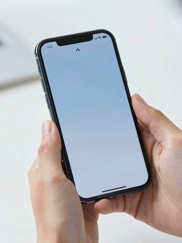 Close up of hands holding a sleek modern smartphone displaying a strong signal strength indicator, bright natural daylight, clean blue and white tones