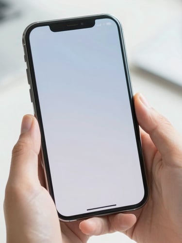A close-up of a modern smartphone held by hands in bright daylight, showing a clean connection screen with soft blue and white tones, shallow depth of field