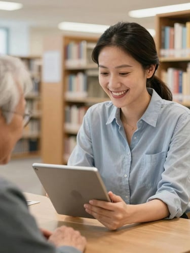 Bright, natural medium shot of a local librarian smiling while helping an elderly resident navigate a tablet in a well-lit public library with books in the background.