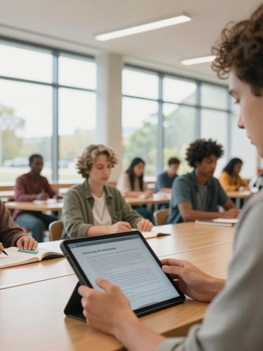 Bright, natural environmental shot of a diverse group of community members inside a modern public library, one person using a tablet with high-contrast text, soft window light, high clarity, wide angle.