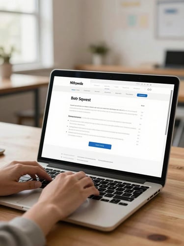 A close-up of hands typing on a laptop displaying a highly structured, clean website layout, set in a bright, sunlit local community center office with warm wooden accents.